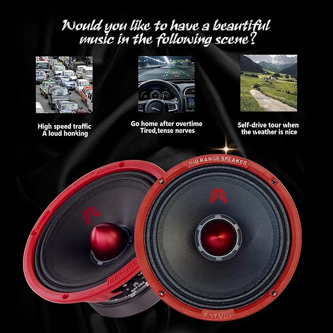MX65E2 Midrange Loudspeaker 6.5" Red Bullet, 480W Max, 4 Ohms, Premium Quality Audio Door Speakers for Car or Truck Stereo Sound System, Red (2 Speaker)
