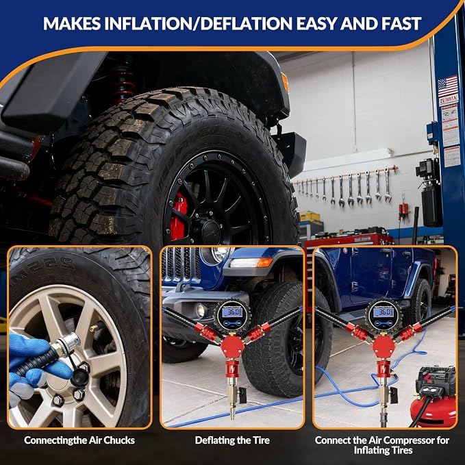 MILADO 4 Way Tire Inflator, 4 Tire Inflation Deflation System, 4 Tire Air Up Down System, Off Road Tire Inflator with Gauge, Air Down Tire Deflators Kit for Trucks Jeeps Fits Up to 125" Wheelbase