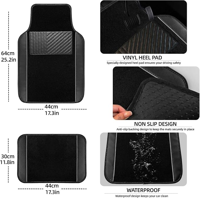 NBTEPEM 10 Pcs Car Floor Mats Full Set Car Accessories, Microfiber Leather Steering Wheel Covers 14.5-15 inch, Center Console Cover, Seat Belt Pads, Cup Coasters, Universal Interior Decor(Grey)