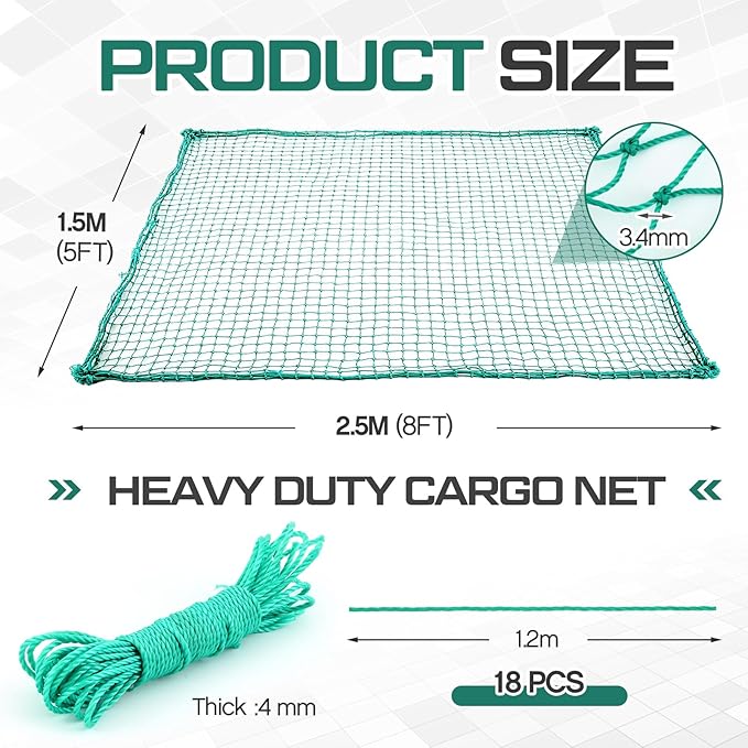 SATINIOR 5 x 8 ft Heavy Duty Cargo Net Truck Bed Network Cover with 18pcs Ropes Bungee Cargo Net Car Sealing Network Rope for Trailer Pickup Truck