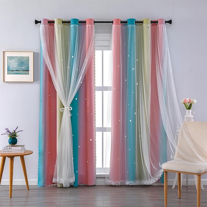 XiDi Pink Blue Yellow Curtains for Girls Bedroom Decor Kids Blackout Curtains for Nursery Room Darkening Rainbow Princess Unicorn Wall Decals Little Girl 52x45 Inches Long 2 Panels Set