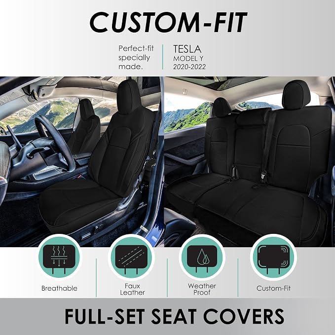 FH Group Custom Fit Car Seat Covers Specifically Made for 2020 2022 Tesla Model Y - Faux Leather, Waterproof, Airbag Compatible, Black