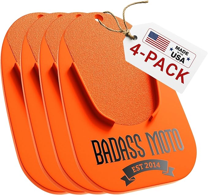 Badass Moto Motorcycle Kickstand Pad - Kick Stand Puck, Coaster Plate for Harley Davidson, Touring & Sport Bikes - Motorcycle Accessories for Grass, Dirt, Hot Pavement Parking Pad - Orange(4-Pack)