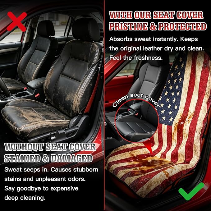2 Pack American Flag Car Seat Cover Towel, Waterproof Sweat Protector for Gym Post-Workout & Beach, Universal Fit for Sedans SUV Minivan, Machine Washable Non-Slip Bucket Seat Mat