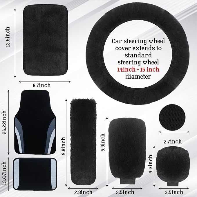 High Back Curved Car Seat Covers,Universal Car Seat Cover Full Set,Plush Steering Wheel Cover,Fit Sedans,Cars,Vans,SUV,Truck(Black)