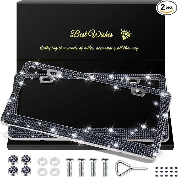 QUANQIUFEI 2 Pack Bling License Plate Frames for Women, Sparkly Rhinestone Diamond Car Accessories with Glitter Crystal Caps (Navy Blue)