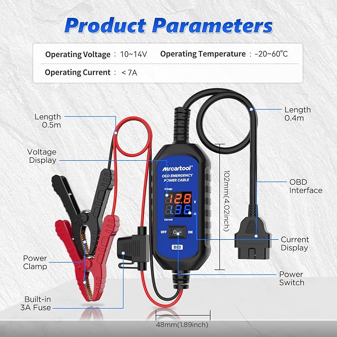 OBD II Car Memory Saver Cable 12V Vehicle ECU Emergency Power Supply Cablewith Voltage and Current Display OBD II Battery Leakage Detective Kit with 3A Fuse & 2 Alligator Clips