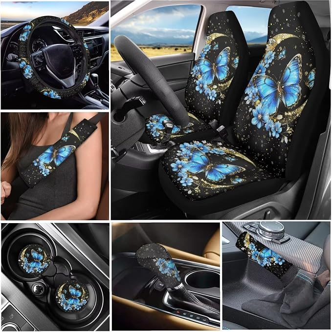 Tupalatus Blue Butterfly Auto Front Seat Covers Steering Wheel Cover,Seat Belt Pads,Cup Holder Gear Shift Knob Cover,Car Handbrake Protector Full Set of 9 PCS for Ladies Gifts,Universal Fit