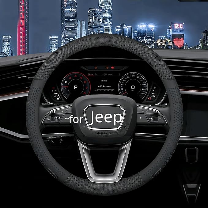 Yangday Leather Steering Wheel Cover for Jeep Wrangler Grand Cherokee Compass, 14.5-15 inches Car Steering Wheel Cover with Non-Slip Breathable (Black)