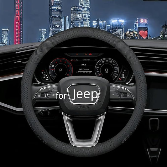Yangday Leather Steering Wheel Cover for Jeep Wrangler Grand Cherokee Compass, 14.5-15 inches Car Steering Wheel Cover with Non-Slip Breathable (Black)