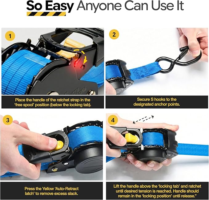 AUGO Retractable Ratchet Straps | 2 Heavy Duty Ratchet Straps Self Retractable Tie Downs with Soft Loops & Storage Bag for Motorcycle, Truck, Trailer, Cargo Van | 3000 Lb Break Strength 2” x 10’