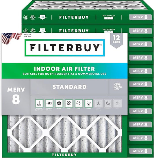 Filterbuy 12x12x2 Air Filter MERV 8 Essential Dust & Allergy Defense (12-Pack), Electrostatic Pleated HVAC AC Furnace Filters Replacement (Actual Size: 11.50 x 11.50 x 1.75)