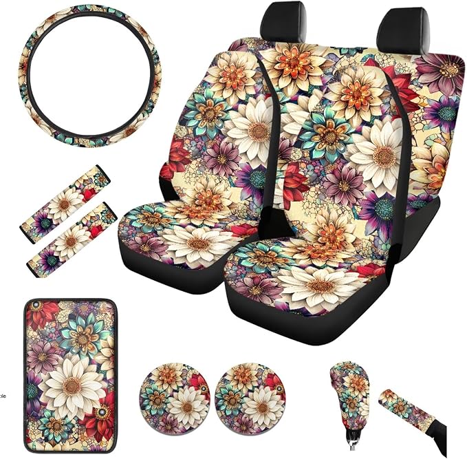 BIGCARJOB Bright Blossom Lotus Car Seat Covers Set for Front and Rear 12 Pcs Boho Lotus Print Car Interior Accessories Full Set with Console Cover,Steering Wheel Covers,Seat Belt Pads