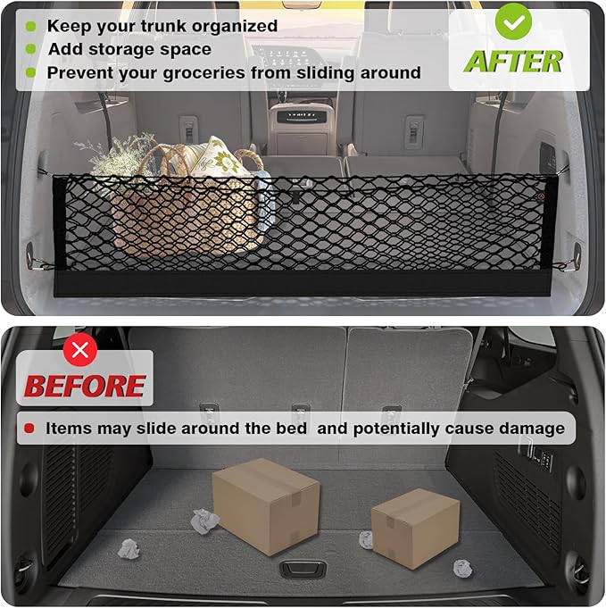Muslogy Truck Bed Cargo Net Trunk Netting Compatible with 2021-2026 Chevy Suburban&Tahoe|GMC Yukon&Yukon XL| Escalade Accessories, Pickup Cargo Organizer SUV Sedan Storage Net w/Heavy Duty Carabiners
