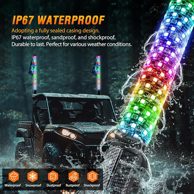 Nilight LED Fat Whip Light 2PCS 3FT RGB Lighted Antenna Whips with Remote & App Control DIY Chasing Patterns Brake Reverse Turn Lights for ATV UTV Polaris RZR Can-am Dune Buggy Pickup Trucks Jeep