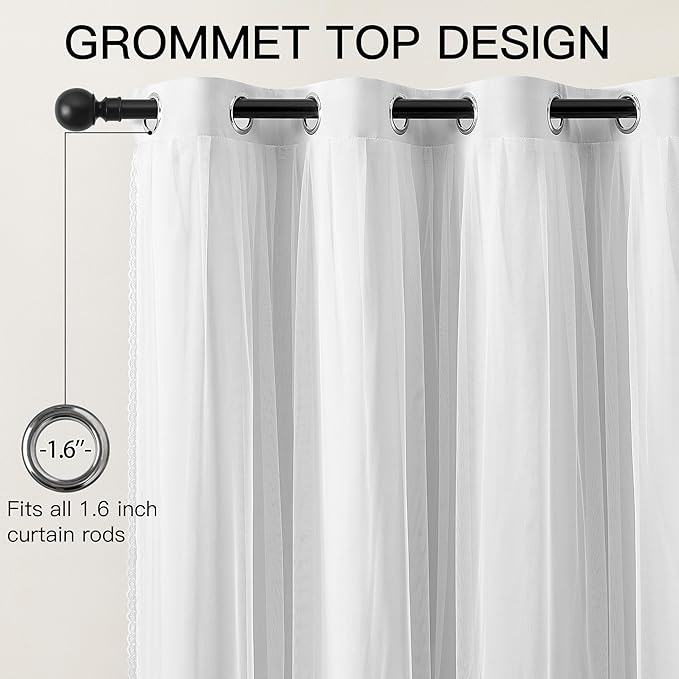 XiDi White Blackout Curtains with Sheer Overlay for Bedroom 84 Inches Long Mix & Match Double Layer Curtains Thermal Insulated Window Treatment White Drapes for Living Room 2 Panels Grommet Top 52x84