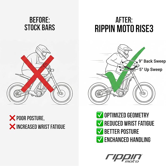 Rippin Moto RISE3 E-Moto Handlebars for Sur-Ron - 3" Rise x 770mm Wide, 22mm Ends, 31.8mm Center - Riser Bars for Talaria Sting, E-Ride PRO, Rawrr Mantis, Vetra Blazer, Surron LBX (Red)
