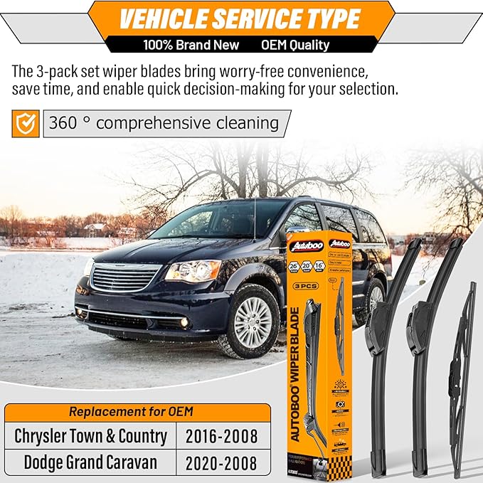 AUTOBOO 26"+20" Windshield Wipers with 16" Rear Wiper Blade Replacement for Dodge Grand Caravan 2008-2014 2015 2016 2017 2018 2019 2020 Town & Country -Original Factory Quality (Pack of 3)