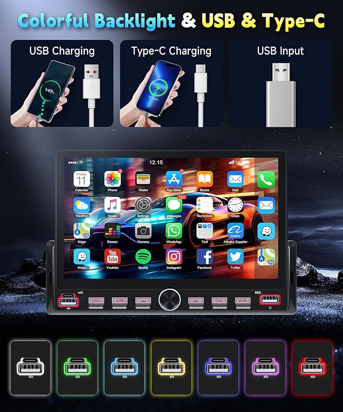 Single Din Car Radio Stereo, 7 inch Touch Screen Radio for Car Stereo Receivers, 1 Din Bluetooth Radio, HD Backup Camera, SWC, Mirror Link, Support FM/EQ/SD/AUX, USB Fast Charging
