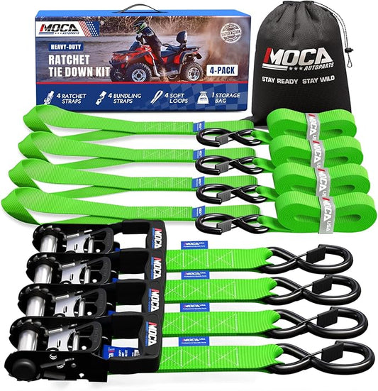 MOCA Green Heavy Duty Ratchet Tie Down Straps - 5,200 Lbs Breaking Strength 1.6" x 8', with 4 Heavy Duty Ratchet Padded Handles & Coated Chromoly S Hooks & 4 Soft Loop Tie-Downs (Green)