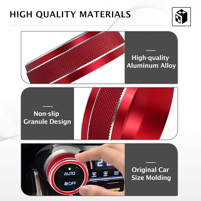 for Toyota RAV4 Hybrid/Plug-in Hybrid Accessories 2019 2020 2021 2022 2023 2024 2025, 7-Piece Aluminum Alloy Knob Cover Trim Kit - Push Start Button, AC, Volume & Drive Mode (Red)
