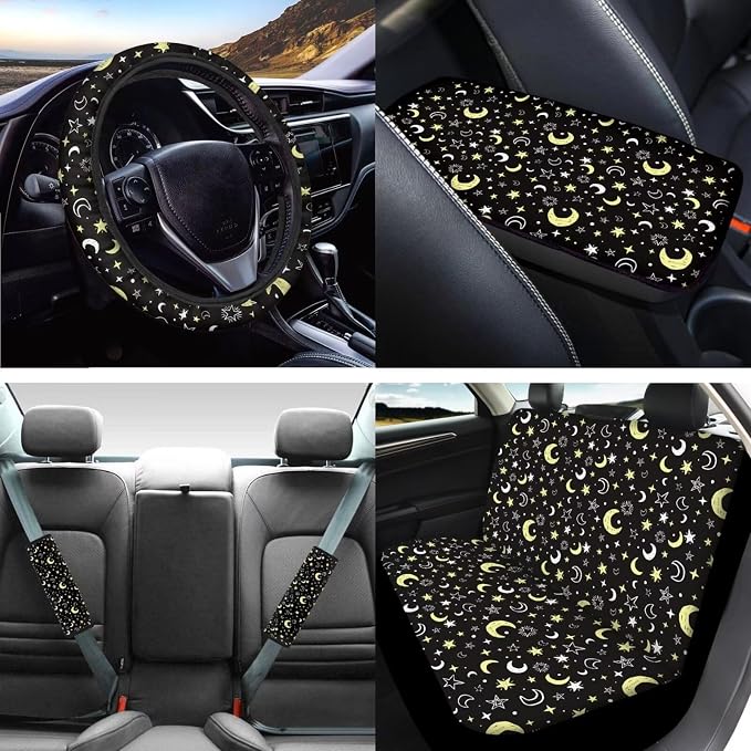 Mumeson Moon Star Car Seat Covers with Steering Wheel Cover Armrest Cover Center Console Mat Car Seatbelt Cover Shoulder Cushion Pad 8 Pack Universal Auto Interior Protector Decor Set
