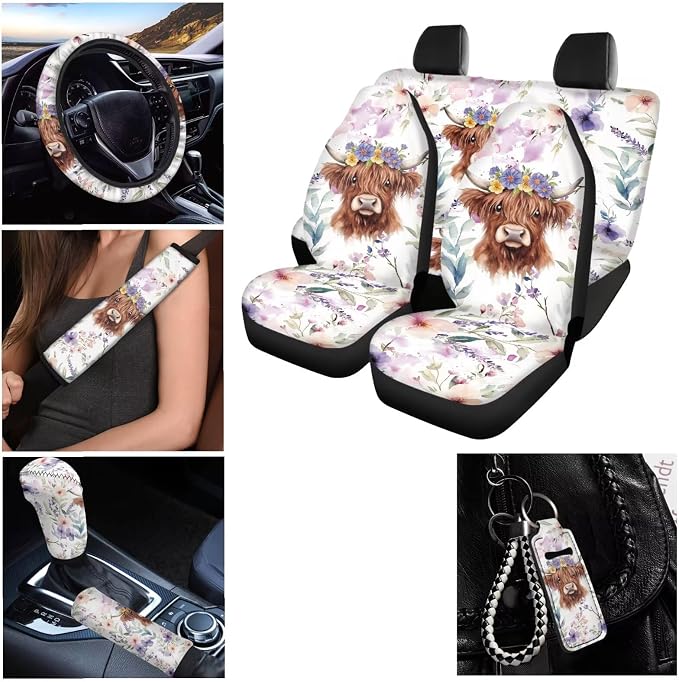 Highland Cow Car Seat Cover Full Set 15 inch Steering Wheel Cover Protector Cartoon Seats Resuable Coasters Car Accessories + Keychain + Gear Shift Cover for SUV Truck Vans