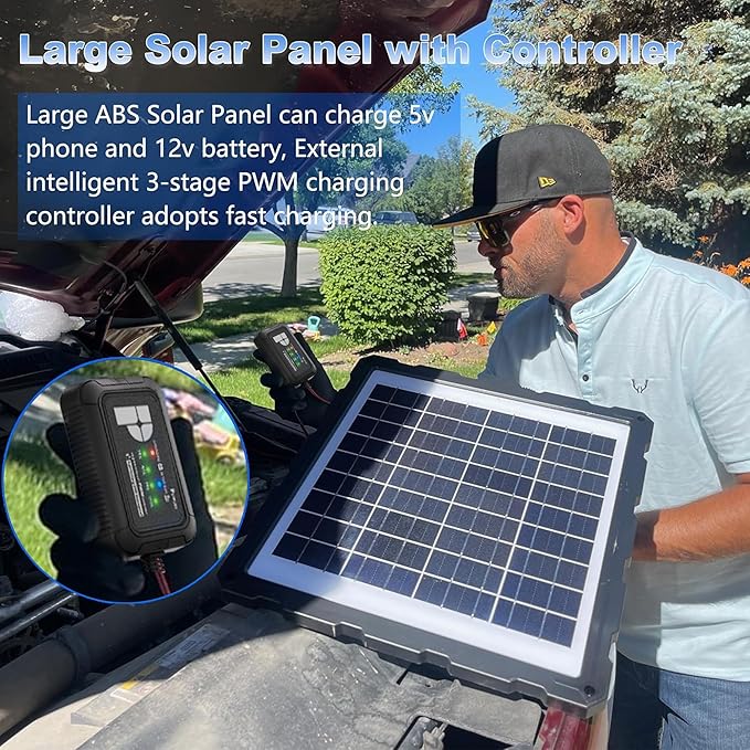 POWOXI-Upgraded-20W-Solar-Battery-Charger-Maintainer, External Smart 3-Stages PWM Charge Controller, 12V Solar Panel Trickle Charging Kit for Car, Marine, Motorcycle, RV, etc