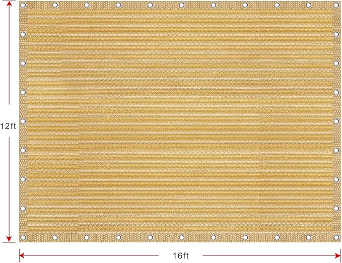 Shatex 90% Shade Fabric 12x 16ft Sun Shade Cloth Taped Edge with Grommets Sun-Block Mesh Shade for Pergola Cover Canopy Wheat, 12 Bungee Balls