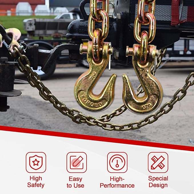 Heavy Duty G80 Transport Binder Chain 3/8'' Inch x 16 Feet,Tow Chain with G70 Clevis Grab Hooks,7100 lbs Safe Working Load Logging for Transporting, Towing(3/8'' x 16FT Yellow).