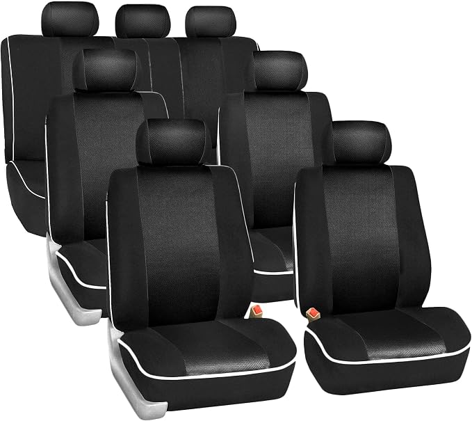 FH Group Car Seat Covers Three Row 7 Seater Cloth Car Seat Covers with Piping (Airbag and Split Ready) - Universal Fit for Cars Trucks & SUVs Solid Black