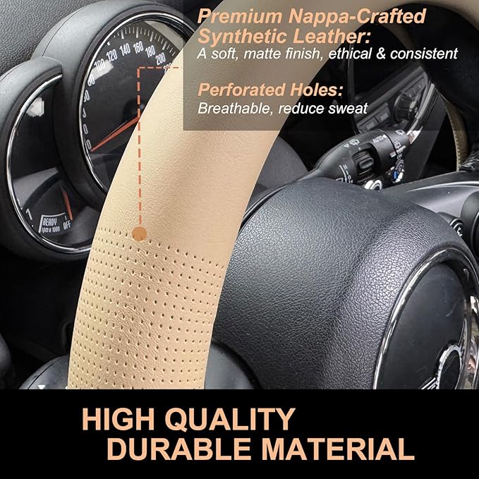PINCTROT Nappa Leather Steering Wheel Cover, Slim Fit No Bulk Design, One Piece Leather with Breathable Perforation, Fit Like Gloves, Universal 14.5-15 Inch(Nappa Light Taupe)