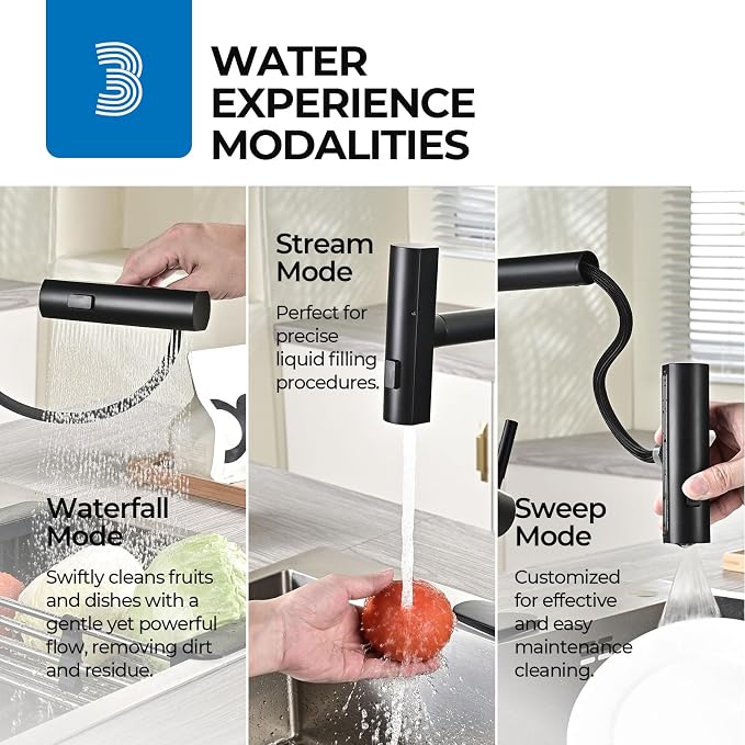 WEWE Waterfall Kitchen Faucet with Pull Down Sprayer, Black Kitchen Faucet with 3 Modes(Sweep/Stream/Waterfall) Swivel Switch Mode,Single Handle Kitchen Sink Faucet