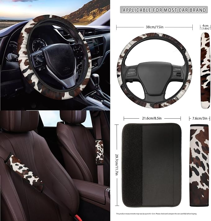Cow Spot Print 15 Pack Car Accessories Set Car Seat Covers Steering Wheel Cover Seat Belt Strap Pad Rearview Mirror Cover Garbage Cans Air Vent Storage Bag Cup Holder Key Chain