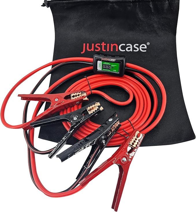 Justin Case Smart 16 Foot 6 Gauge Heavy-Duty Jumper Cables with Integrated Built-In Voltage Meter & 365 Days of Roadside Assistance