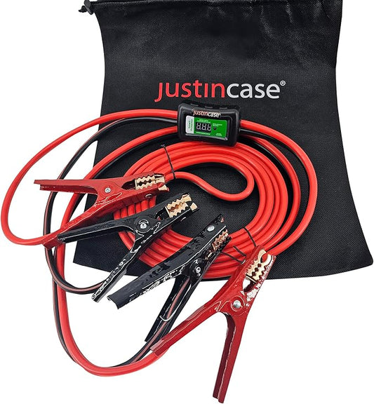 Justin Case Smart 16 Foot 6 Gauge Heavy-Duty Jumper Cables with Integrated Built-In Voltage Meter & 365 Days of Roadside Assistance