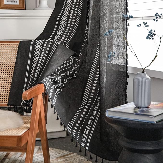ColorBird Black Boho Curtains for Boy Bedroom Room Darkening 63 Inch Farmhouse MCM Western Striped Aztec Window Treatment Patterned Drapes 2 Panles for Living Dining Room Kitchen Boho Chic Decor
