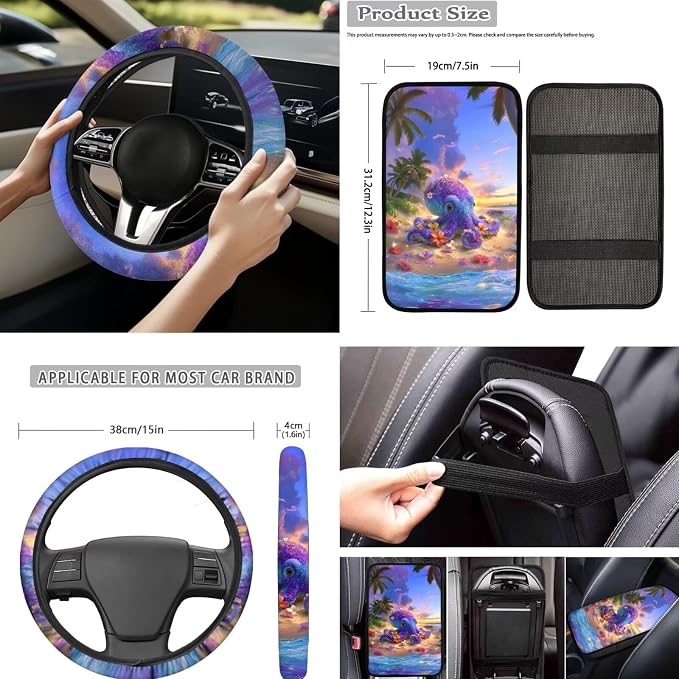 Forchrinse Hawaiian Octopus Car Seat Cover for Men Women 15Pack Auto Interior Set with Steering Wheel Cover/Armrest Cushion/Seatbelt Cover/Car Coaster/Keychain/Handbrake Gear Shift Cover