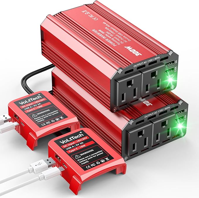 VoLtTech 300W Power Inverter 18V to 110V Compatible with Milwaukee 18V, Battery Inverter DC Charger Adapter with 2 AC Outlet & 2 USB Port for Vehicles, Laptop, Computer, Phone, Fan(No Battery)(2 Pack)