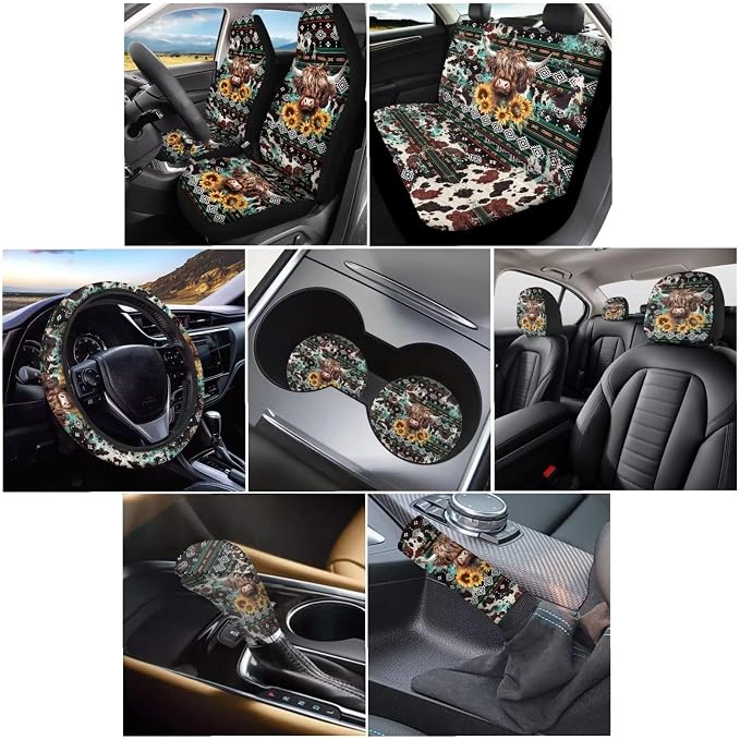 Wanyint Aztec Highland Cow Sunflower Car Seat Cover Full Set Pack of 11, with Steering Wheel Cover Car Coasters Shift Knob Handbrake Protector Coasters Headrest Auto Interior Accessories Decoration