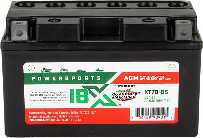 Interstate Batteries YT7B-BS 12V 6.5Ah Powersports Battery 85CCA AGM Rechargeable Replacement for Ducati, Suzuki, Yamaha, Motorcycles, Scooters, ATVs, Bikes (XT7B-BS)