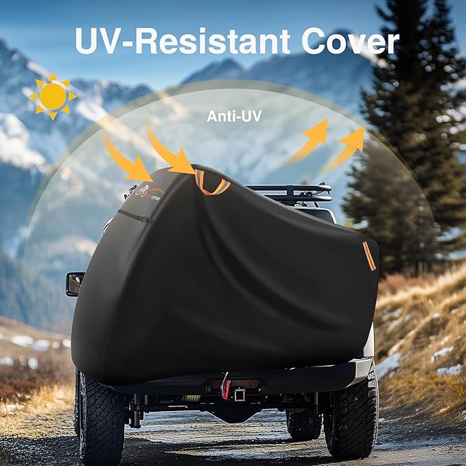 Puroma Bike Cover for Transport on Rack, 600D Waterproof Outdoor Storage Bicycle Covers for 2 Bikes on Rear Bike Rack, Heavy Duty Rain Sun UV Dust Wind Proof with Lock Hole for Car Hitch Travel