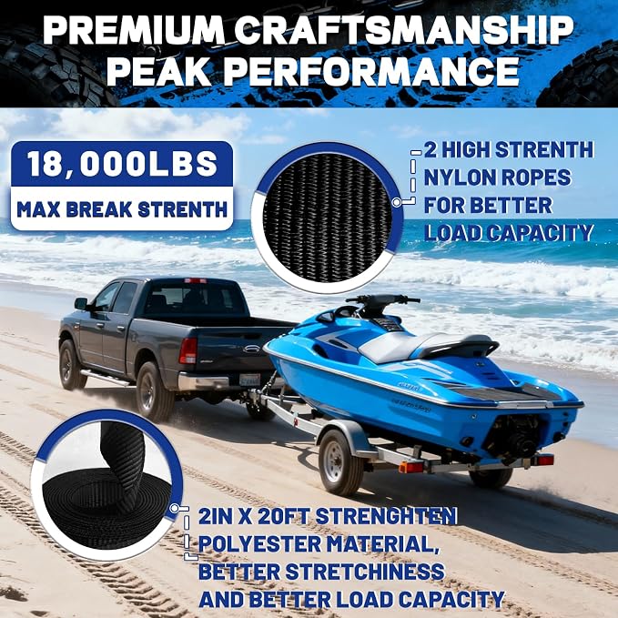 Boat Winch Strap with Hook (2" x 20ft) - 18,000lb Break Strength, Heavy Duty Replacement Trailer Winch Strap with Safety Hook - Fits Pontoon, Fishing Boat, Powerboat & Jet Ski Trailers.