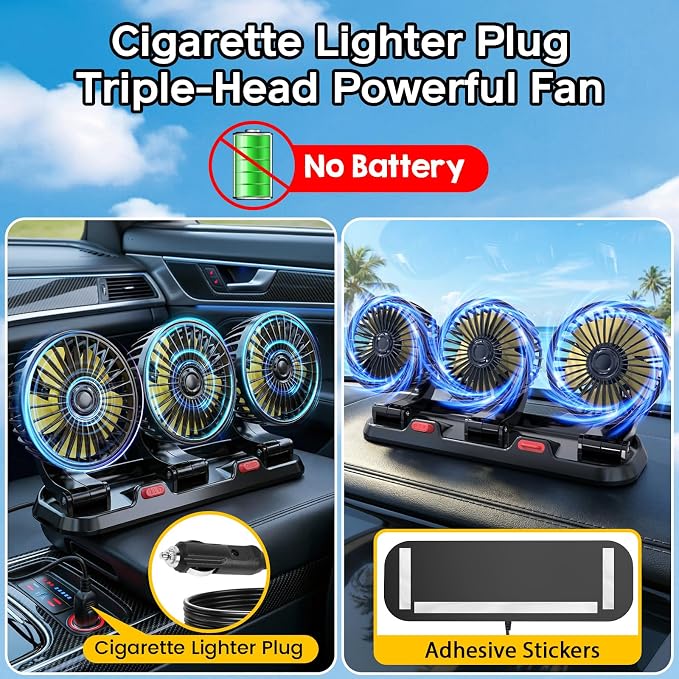 Portable 3-Head Car Cooling Fan, Fans for Vehicles Cars Trucks Dashboard (Cigarette Lighter Plug, No Battery)