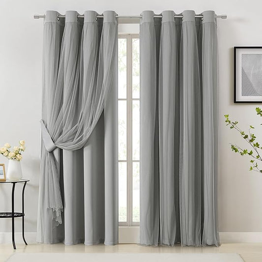 Bujasso Grey 90% Blackout Curtains with Sheer Overlay Mix and Match Double Layer Window Curtains Thermal Insulated 102 inch for Living Room Bedroom Gray Drapes with Tiebacks Grommet Top 54" Wx102 Lx2