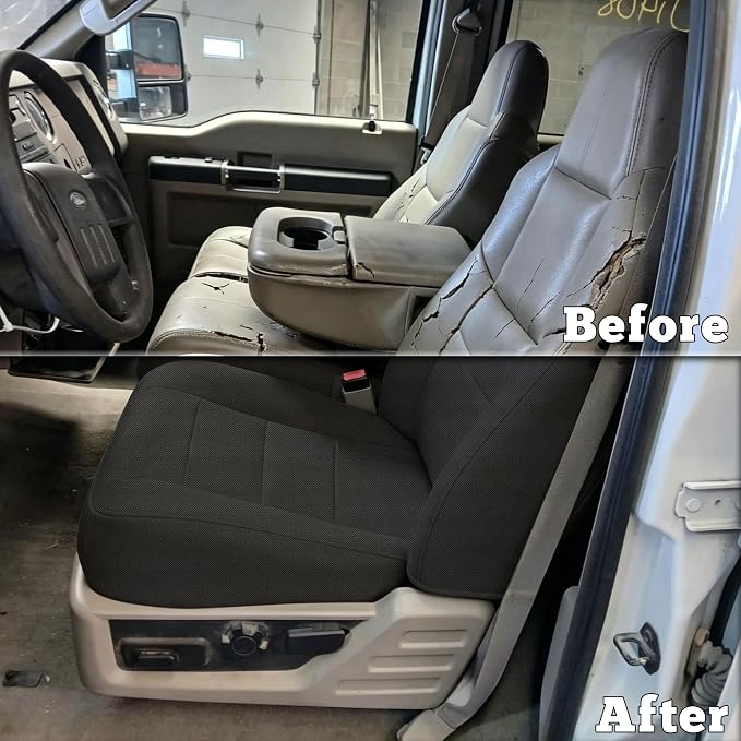 Front Seat Covers for Ford F250-F550 Super Duty 2002-2010 40/20/40 Split Seat with Molded Headrest & Shoulder Support Textured Breathable Fabric Knit - Black
