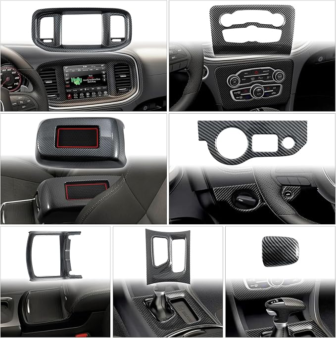 7PCS Carbon Fiber Interior Cover Kit Compatible with 2015-2023 Dodge Charger, Gear Shift Panel Cover Cup Holder Cover AC Air Vent Cover Headlight Switch Panel Cover