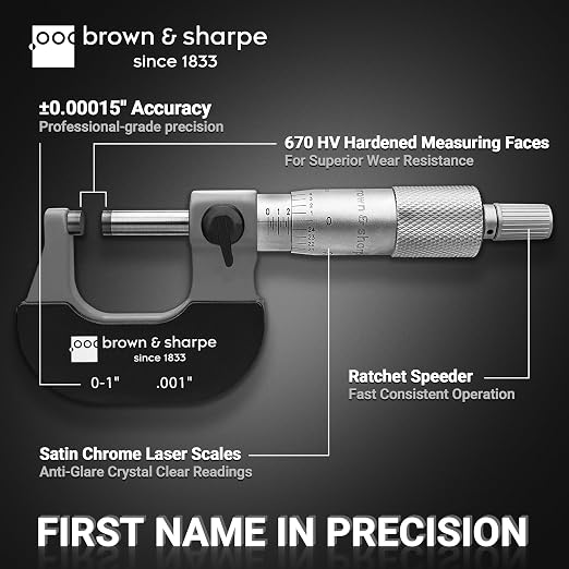 Brown & Sharpe Outside Micrometer 0–1", Precision Micrometer Machinist Tools, 0.001" Graduation, Carbide Measuring Faces, Ratchet Stop, Satin Chrome Sleeve for Reliable Measurement & Clear Reading