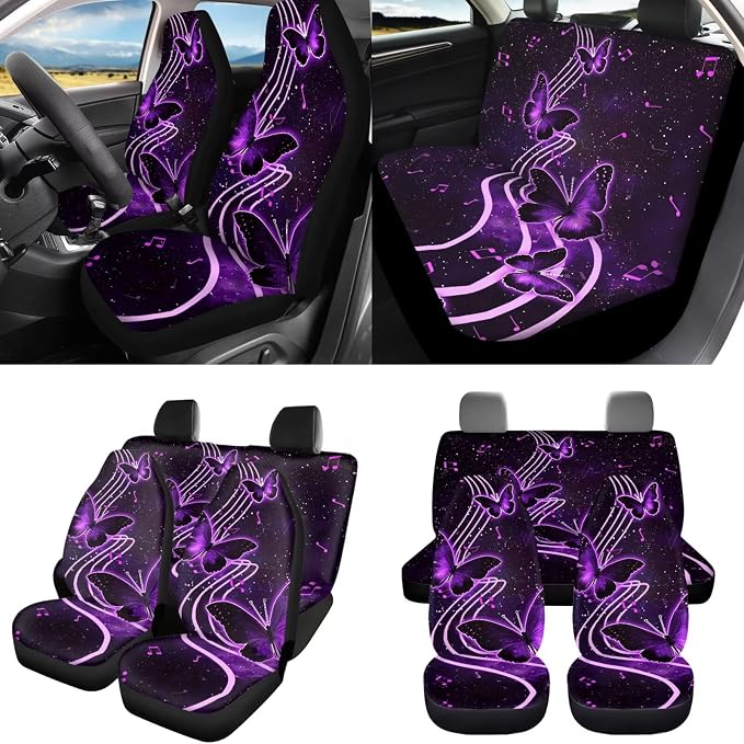 8 Pcs Music Butterfly Car Seat Covers Full Set Car Accessories for Women Front Seat Cover Steering Wheel Armrest Cover Seat Belt Cover for Auto SUV Interior Decoration