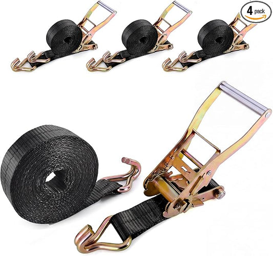 10000lbs Break Strength 2" x20FT Ratchet Straps 4-Pack - Heavy Duty Tie Downs with Double J-Hooks for Flatbed, Construction & Industrial Cargo - Black